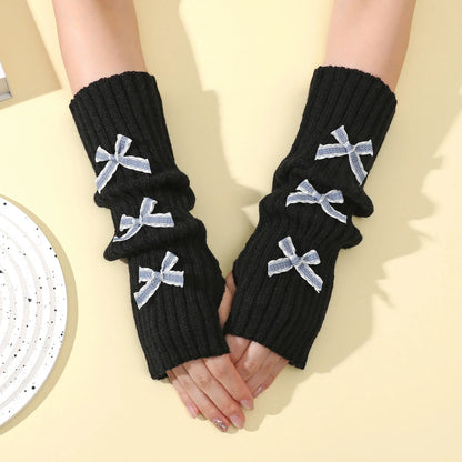 Y2K Bow Fingerless Gloves For Women Knit Arm Warmers Hands Free Winter 😺🧶❄️