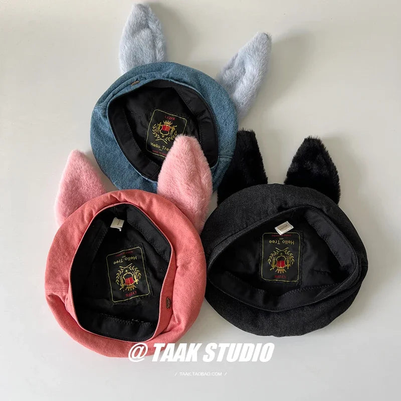 Denim Bunny Ear Beret For Women Winter Hat Cute Casual Cartoon Newsboy Style 🐰