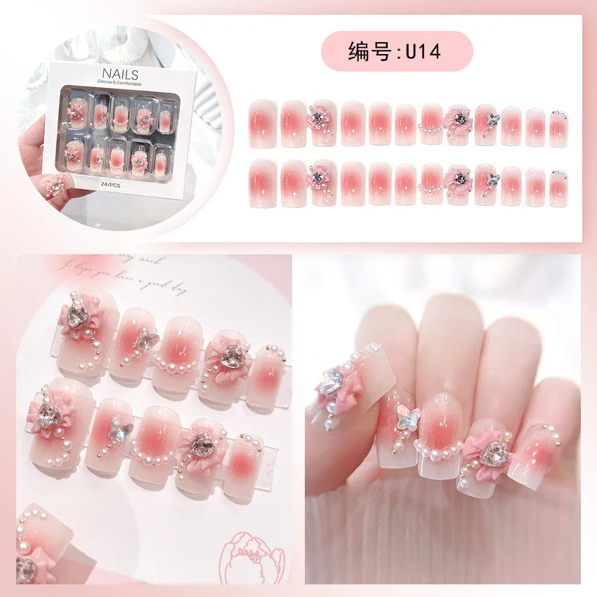 Kawaii Bunny Blossom 🌸✨ 24pcs Pink Flower Rhinestone Coffin Press-On Nails - Acrylic Nail Art for a Cute Touch! 🐰💖