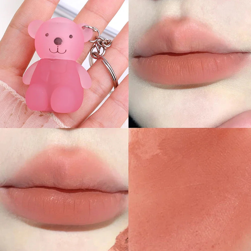 ✨ Adorable Bear Keychain Lip Mud - 12 Fun Colors! 💄 Matte & Waterproof Velvet Lipstick for All Skin Types 🌈 Long-Lasting Lips Makeup! 🐻