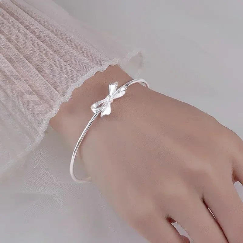 Adorable Kawaii 925 Sterling Silver Bow Bangles for Women 🎀✨ - Chic Party & Wedding Bracelets, Perfect Gift Idea! 💖