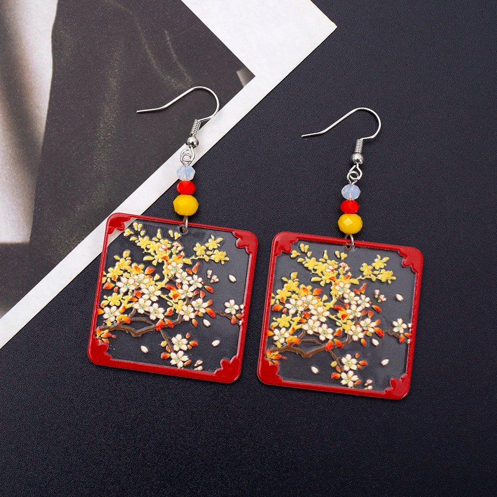 Transparent Square Acrylic Earrings With Crane Flower Design Geometric Drop 🌸