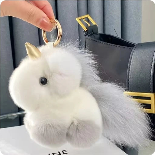 Kawaii Fluffy Unicorn Keychain Charm 🦄✨ Real Rabbit Fur Backpack Clip & Handbag Accessory for Girls & Women