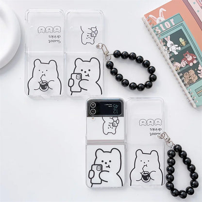 ✨ Adorable Bear Pearl Bracelet Case for Samsung Galaxy Z Flip 5, 4, 3 - Cute Cartoon Clear Cover! 🐻💖