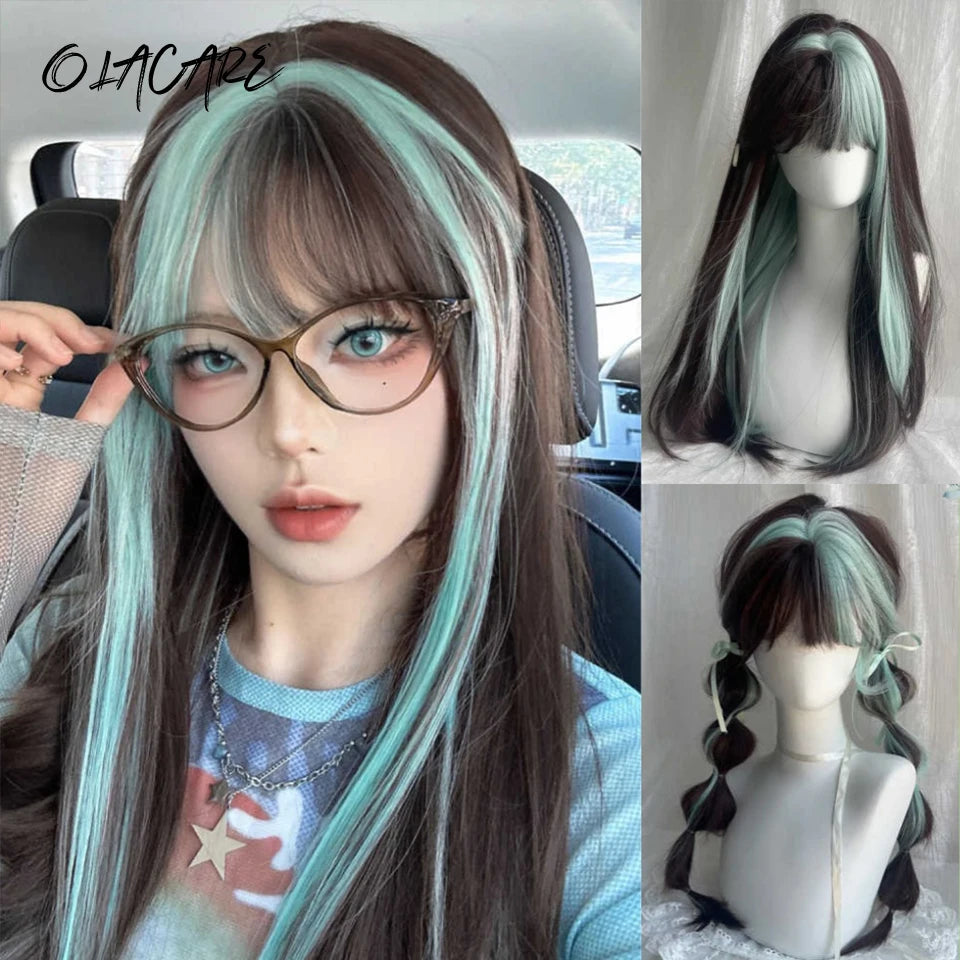 Enchanting Ombre Kawaii Wig 🌈✨ - Long Straight Lolita Style with Bangs in Glacier Blue & Blonde!