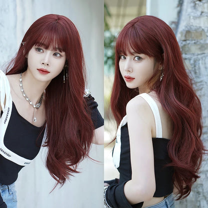 Kawaii Dreamy Sakura Pink Wavy Wig 🌸✨ | High-Density Curly Hair with Bangs for Sweet Girls 💖🎀