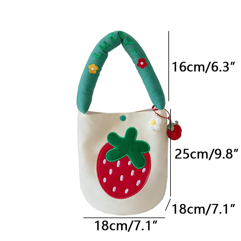 Kawaii Strawberry Embroidery Canvas Bucket Bag 🍓✨ - Cute Summer Handbag for Women with Pendant & Fashionable Letter Design!