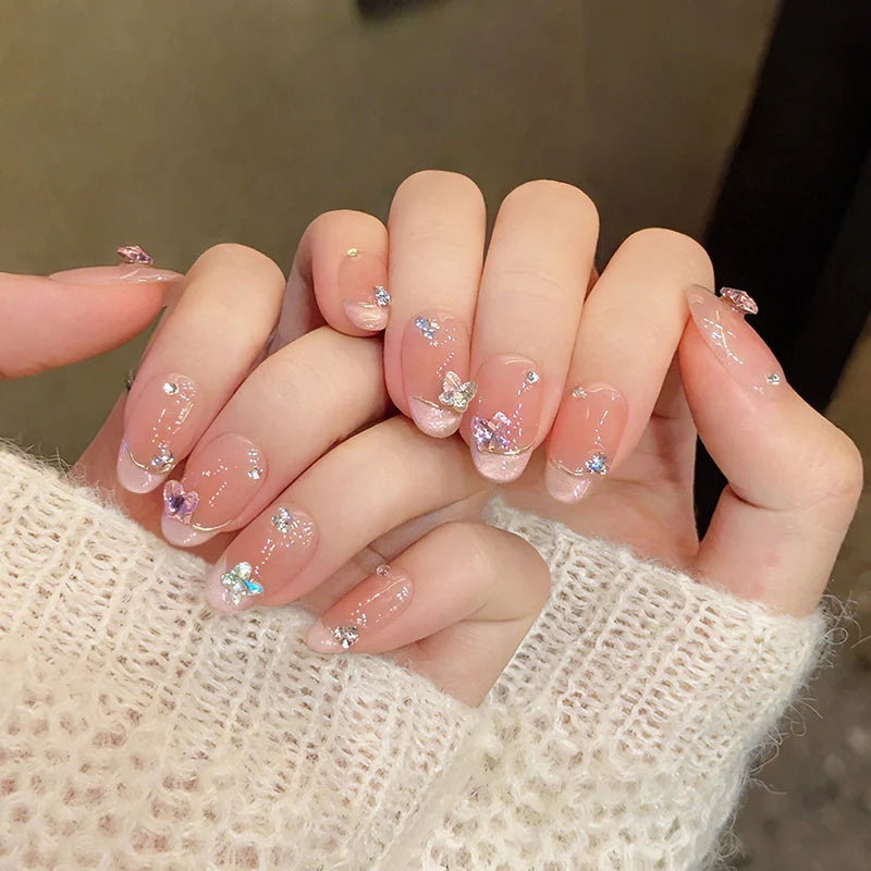 Kawaii Pink Butterfly Press-On Nails 🌸✨ | 10Pcs Almond-Shaped Nail Art with Rhinestones 🦋💖