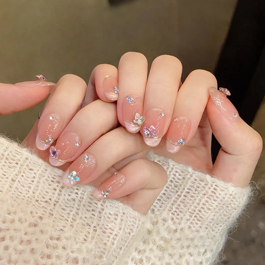 Kawaii Pink Butterfly Press-On Nails 🌸✨ | 10Pcs Almond-Shaped Nail Art with Rhinestones 🦋💖