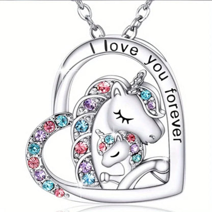 Kawaii Unicorn Heart Pendant Necklace 🌈✨ | Adorable Mother & Child Charm Jewelry for Girls 💖🎁