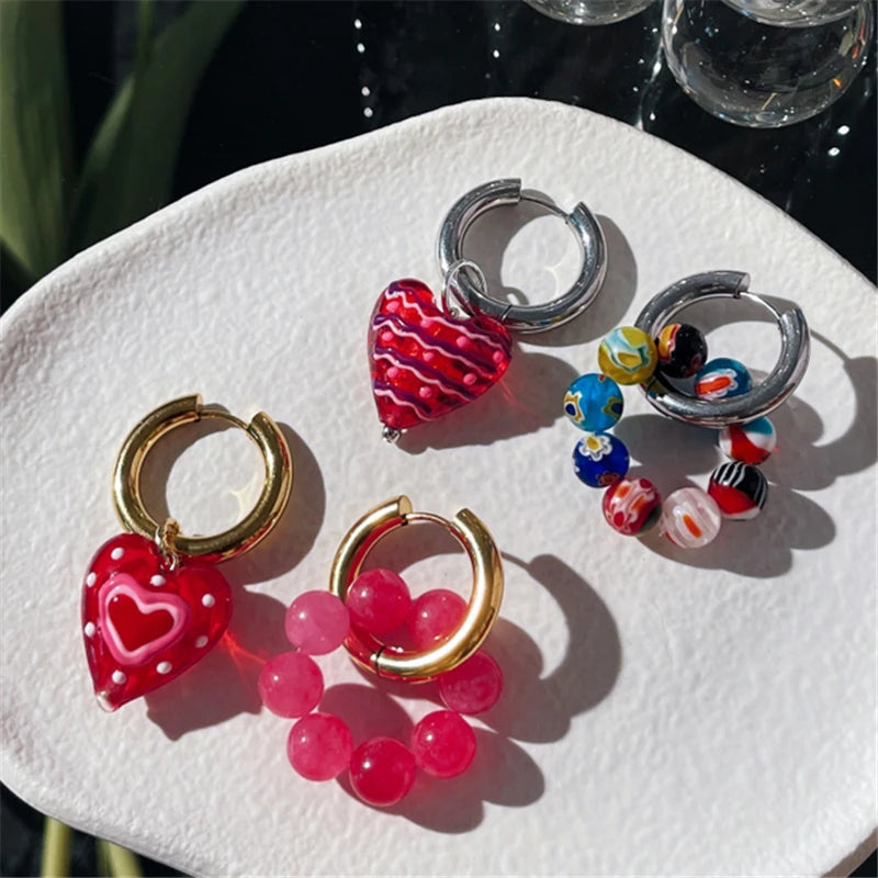 Kawaii Sweetheart Red Glass Heart Drop Earrings 💖✨ - Adorable Asymmetrical Jewelry for Party Girls!