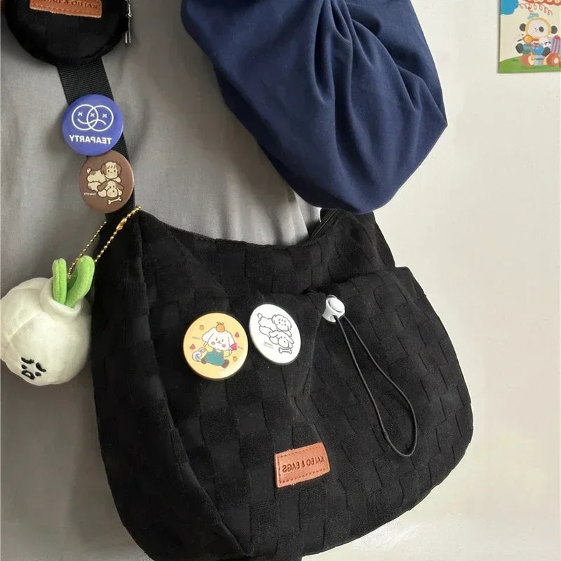 Xiuya Harajuku Style College Crossbody Bag Solid Color Plaid Print Large Capacity Shoulder Bag New Cute Fashion Designer Handbag - Pixie Quill