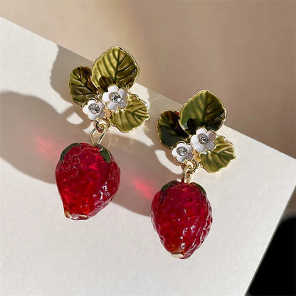 Kawaii Strawberry Blossom Drop Earrings 🍓✨ | Cute 3D Fruit & Leaf Jewelry for Girls 🌼💖