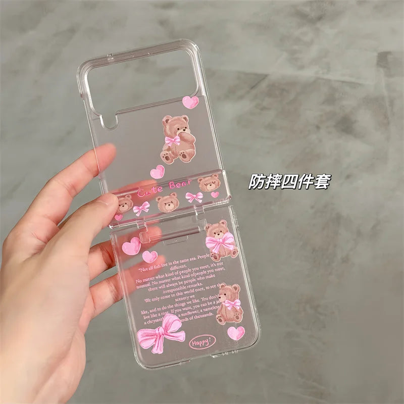 🐻✨ Adorable Bear Hinge Phone Case for Samsung Galaxy Z Flip 6/5/4/3 - Clear Cover with Chain Strap! 🌈💖