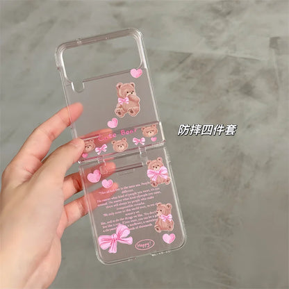 🐻✨ Adorable Bear Hinge Phone Case for Samsung Galaxy Z Flip 6/5/4/3 - Clear Cover with Chain Strap! 🌈💖