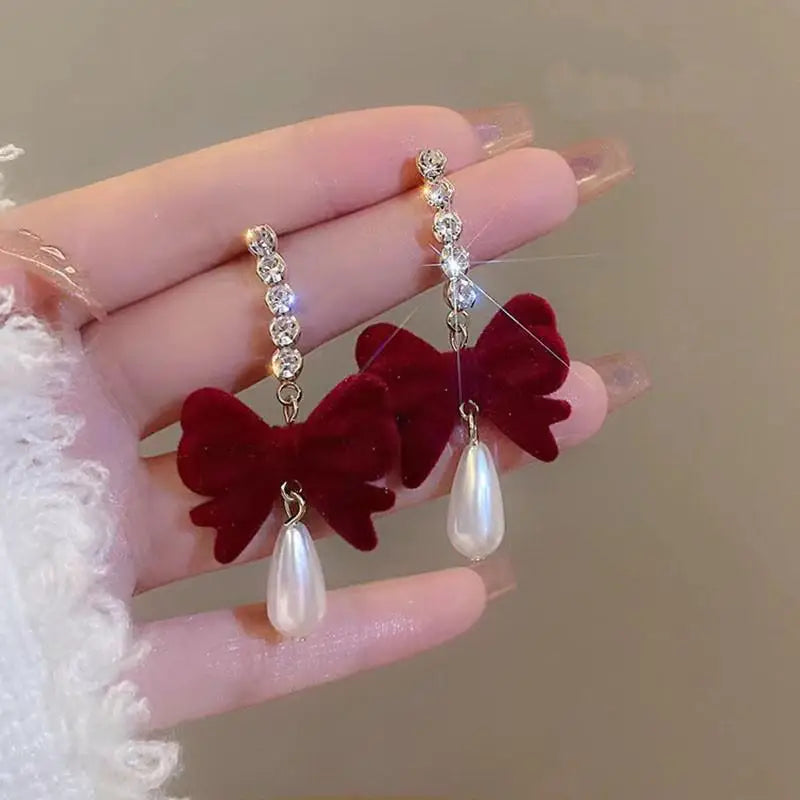 Charming Wine Red Bow Pearl Tassel Earrings 🎀🌟 | Kawaii 2024 Bridal Jewelry ✨