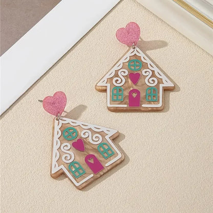 Pair Gingerbread House Earrings Acrylic Cute Hearts Pink Teal Christmas 🎄💗