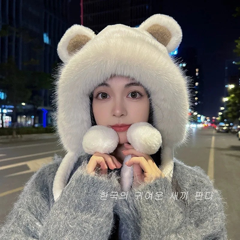 Cozy Bear Ear Beanie Knit Hat For Women Winter Warmth Plush Polyester 🧸