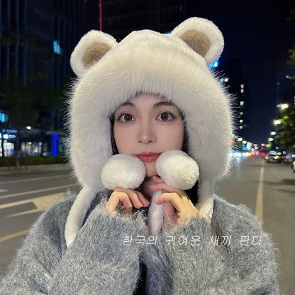 Cozy Bear Ear Beanie Knit Hat For Women Winter Warmth Plush Polyester 🧸