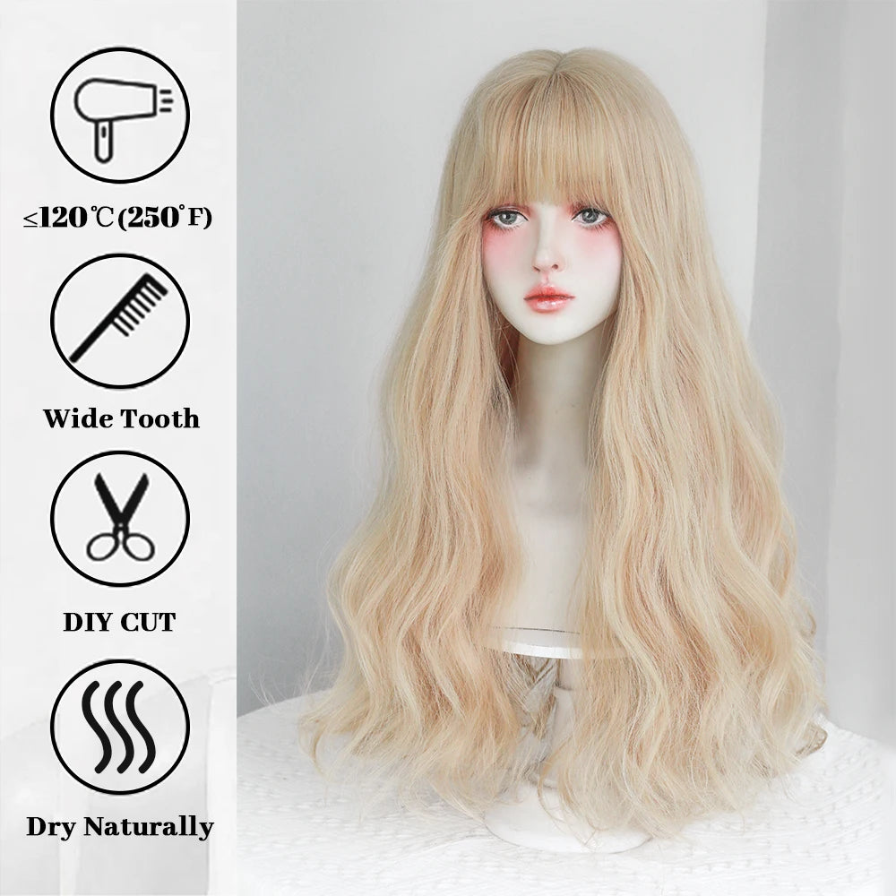 Kawaii Blonde Cosplay Wig 🎀✨ | Wavy Synthetic Hair with Bangs for Daily & Party Looks 💖