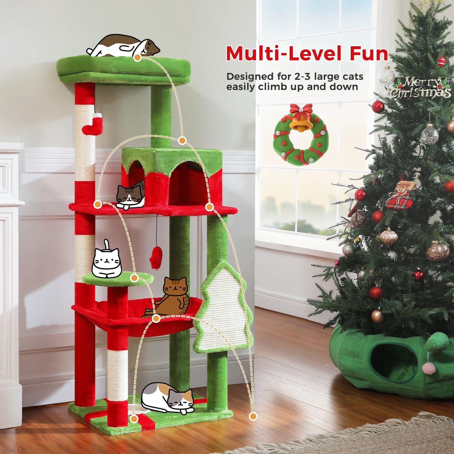 Christmas Cat Tree Tower For Indoor Cats 🎄🐾 Four Levels With Hammock Cozy Condo