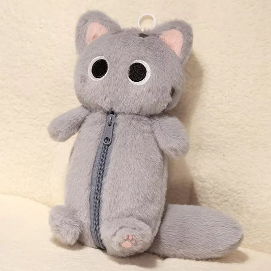 Kawaii Gray Plush Kitten Pencil Case 🐾✨ - Adorable Large-Capacity Stationery Organizer for Students! 🎀✏️