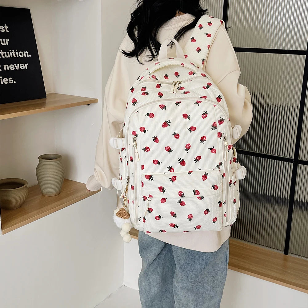 Women Kawaii Strawberry Pattern Backpacks with Pendant Corduroy School Knapsack Multi-pockets Students Daily Schoolbags Mochilas - Pixie Quill