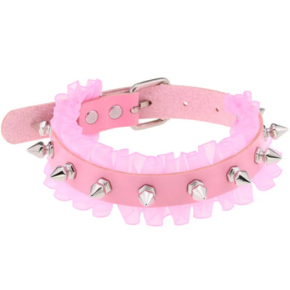 Pink Lace Leather Choker With Heart Pendant, Punk Gothic Style ✨💗