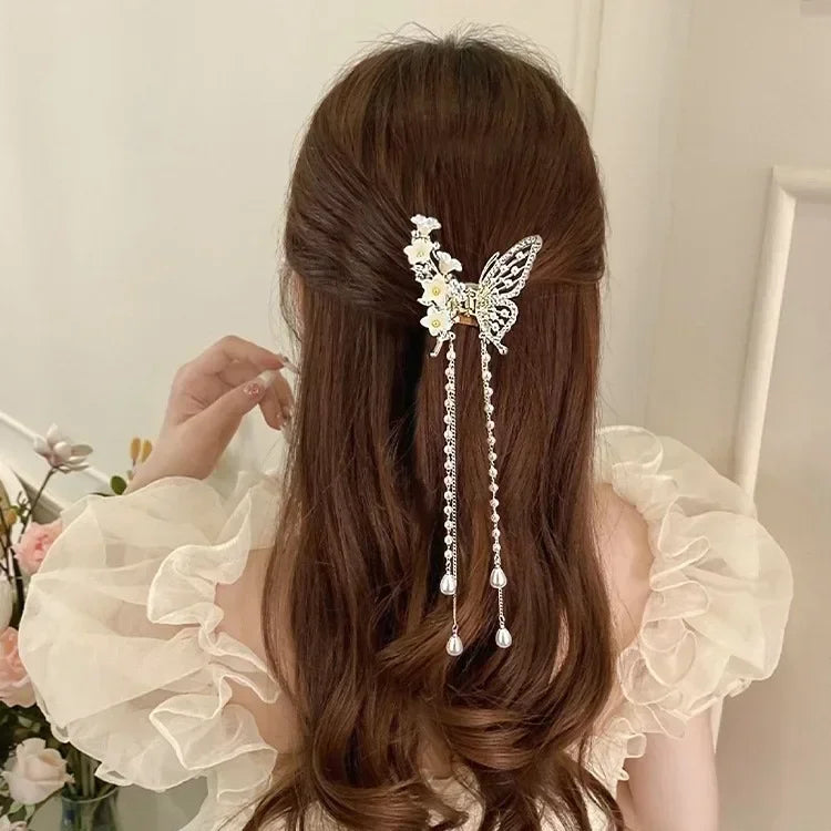 Kawaii Butterfly Pearl Hair Claw 🌸✨ | Cute Red Flower Hairpin for Girls & Women 🎀 | Perfect Festival & Party Accessory!