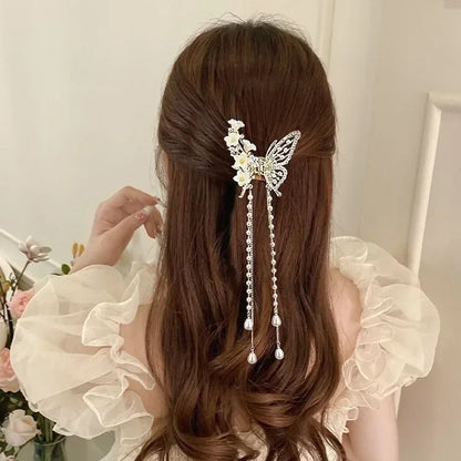 Kawaii Butterfly Pearl Hair Claw 🌸✨ | Cute Red Flower Hairpin for Girls & Women 🎀 | Perfect Festival & Party Accessory!