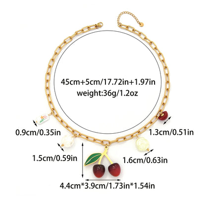 Whimsical Fruit Pendant Necklace 18K Gold Plated Stainless Steel Oil Dripping Cherry Pearl Tulip Acrylic Charm 🍒🌸