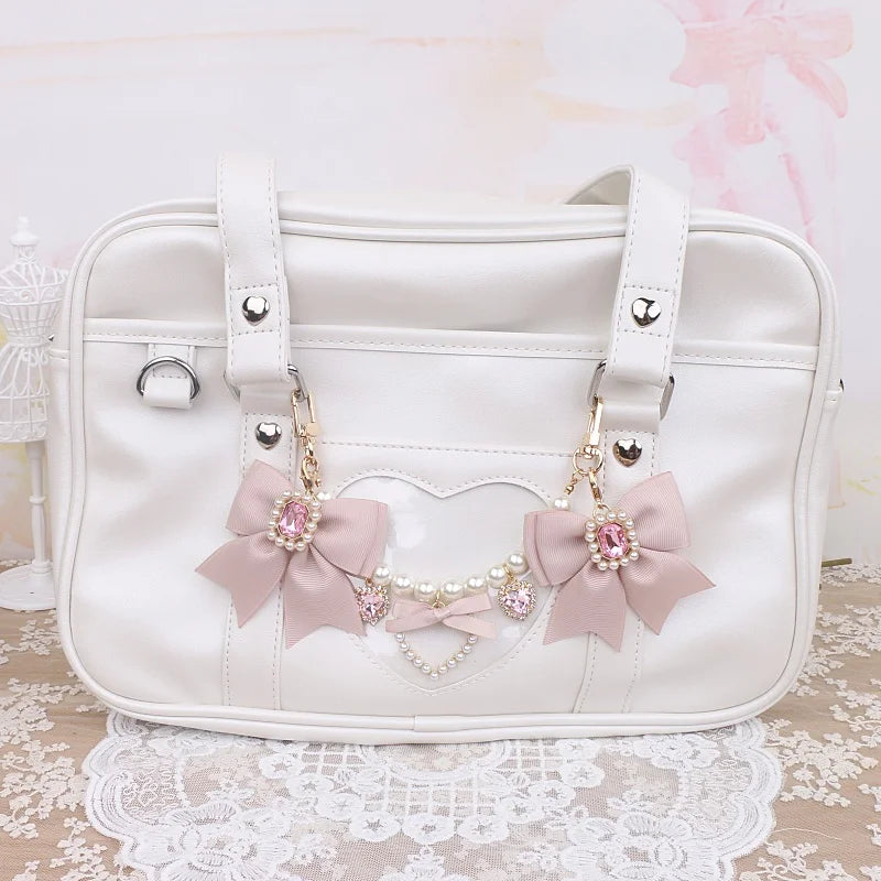 Kawaii Pearl Bow Rhinestone Love Pendant Bag Charm 🎀 | Handmade Japanese Sweet Accessories for Girls 💖✨