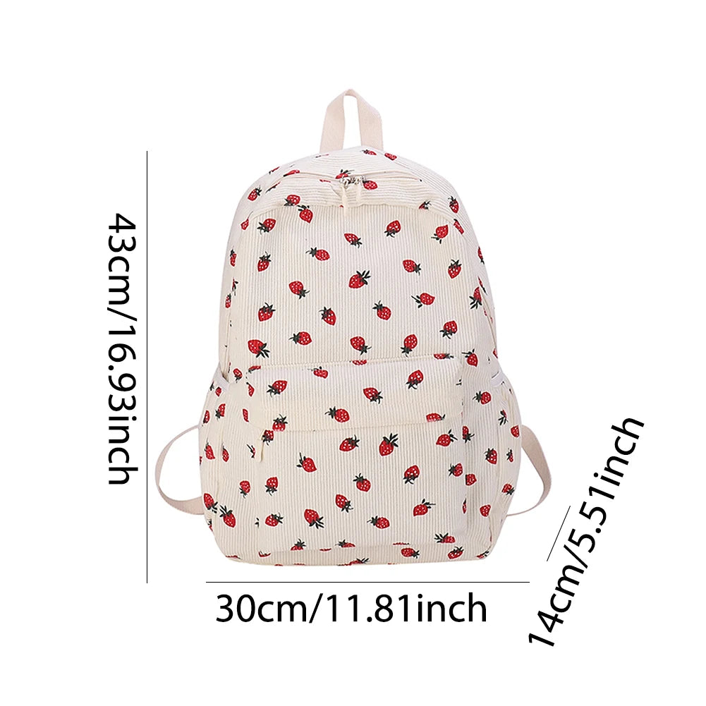 Women Kawaii Strawberry Pattern Backpacks with Pendant Corduroy School Knapsack Multi-pockets Students Daily Schoolbags Mochilas - Pixie Quill