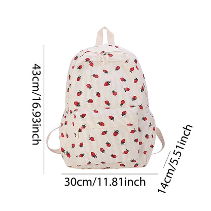 Women Kawaii Strawberry Pattern Backpacks with Pendant Corduroy School Knapsack Multi-pockets Students Daily Schoolbags Mochilas - Pixie Quill