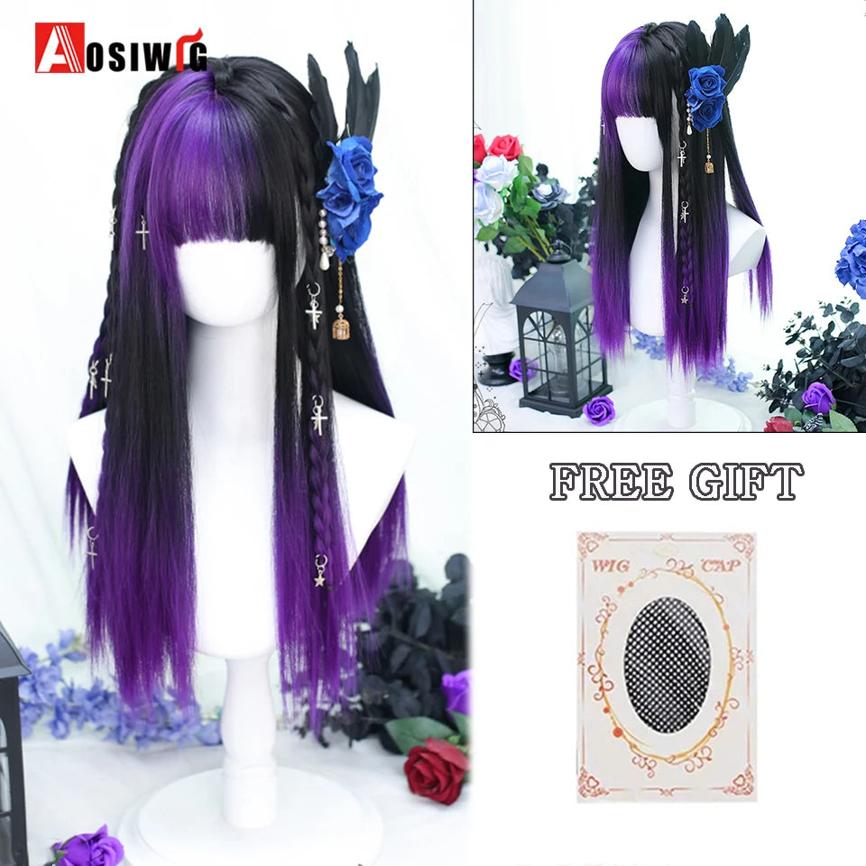 Kawaii Black & Blue Long Straight Lolita Wig 💖✨ Perfect for Cosplay & Parties! 🎉🎀