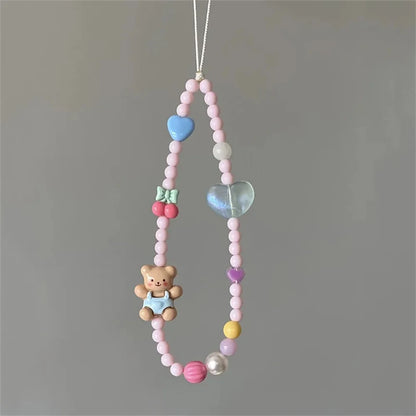 Korean 3D Bear Cherry Heart Beaded Phone Chain Lanyard For All Phones 🧸🍒💖📱