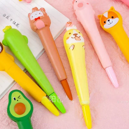 Kawaii 1Pc Adorable Cartoon Fruit Animal Gel Pen 🍓🐻 Soft & Squishy Decompression Stationery for Kids 🎉 0.5mm Fun Writing Tool