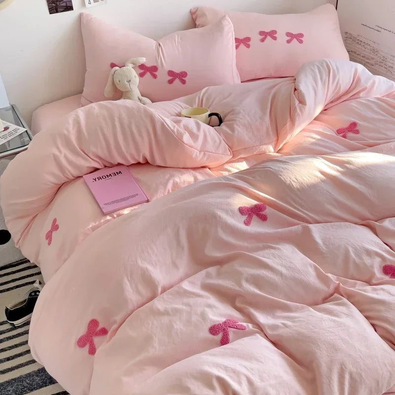 Whimsical Pink Bow Duvet Set 🌸✨ - Enchant Your Bedroom with 3D Embroidery & Cozy Comfort! 💤💖