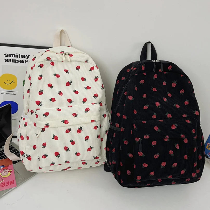 Women Kawaii Strawberry Pattern Backpacks with Pendant Corduroy School Knapsack Multi-pockets Students Daily Schoolbags Mochilas - Pixie Quill