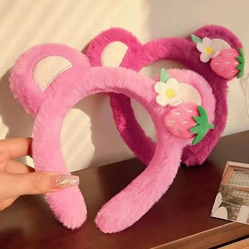 Kawaii Strawberry Bear Plush Hairband 🎀✨ Cute Face Wash Headband for Women & Girls! 🍓💖