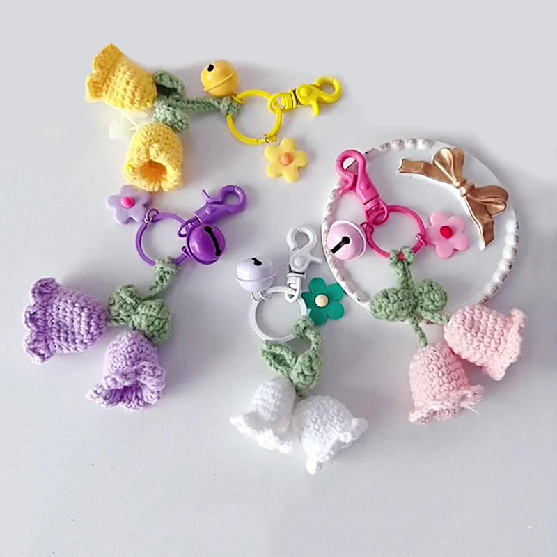 Fluffy Knitted Flower Keychain With Bell 🔔 Crocheted Wool Bag Charm For Women
