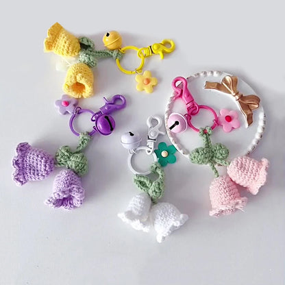 Fluffy Knitted Flower Keychain With Bell 🔔 Crocheted Wool Bag Charm For Women