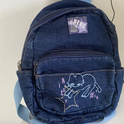 🎀 Adorable Denim Cat Backpack 🐾✨ Cute & Funky Schoolbag for Trendy Students! 🎒