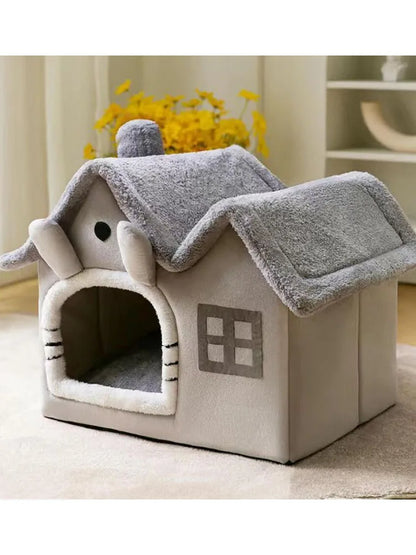 Kawaii Cozy Cat Nest 🐾🌸 | Double Roof Pet House for All Seasons 🌈 | Warm & Washable Small Dog Bed 🐶✨