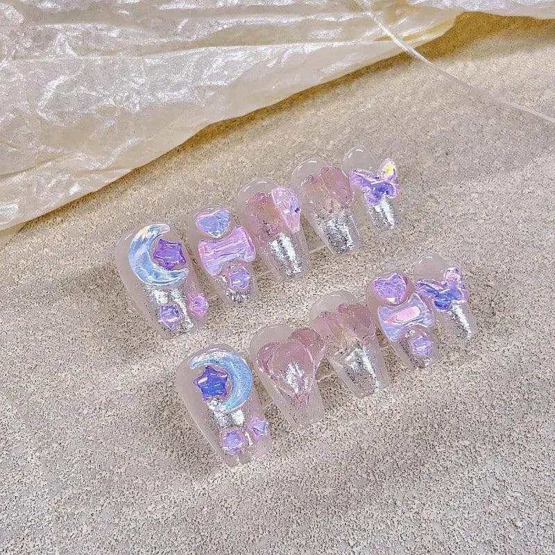 Kawaii 10-Piece Pink Coffin Press-On Nails with 3D Rhinestones & Butterfly Design 🦋💖✨ - Reusable & Easy to Apply!