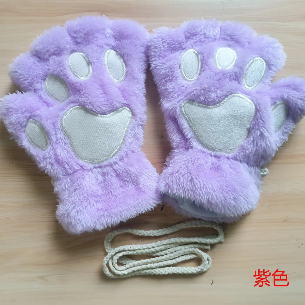 Fluffy Cat Paw Gloves Plush Mittens For Women Warm Half Finger Cozy Bear 🐱🐻