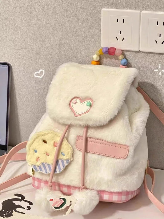 Kawaii Plush Heart Plaid Backpack 🎒✨ Cute Mochila for Students & Commuters 💖 All-match Women's School Bag!
