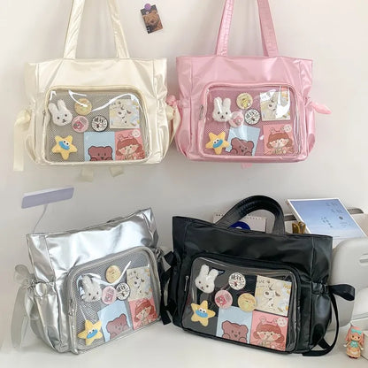 Kawaii Ribbon Bow Tote Bag 🌸✨ Sweet Forest Style | Large Capacity Double-Sided Handbag for Students 🎒💖