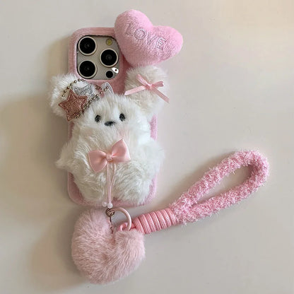 Pink Plush 3D Heart Dog Phone Case 🐶💕 with Lanyard - Cute Accessory for iPhone 16/15/14/13/12 Pro Max!