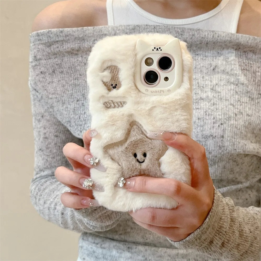 Kawaii Plush Star & Moon iPhone Case 🌙✨ | Fluffy Furry Cover for iPhone 14 15 16 Plus 13 Pro Max 11 12 | Cute Winter Accessory!